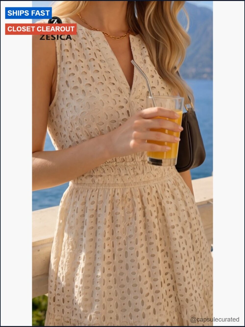 Sleeveless V-Neck Hollow Out Eyelet Mini Dress - Picture 7 of 7